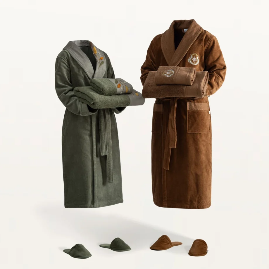 Family Bathrobe Set Organic Cotton Green-Brown M/L