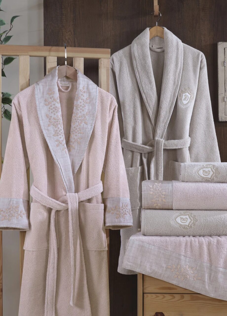 6-Piece Embroidered Cotton Bathrobe Set - Powder/Beige