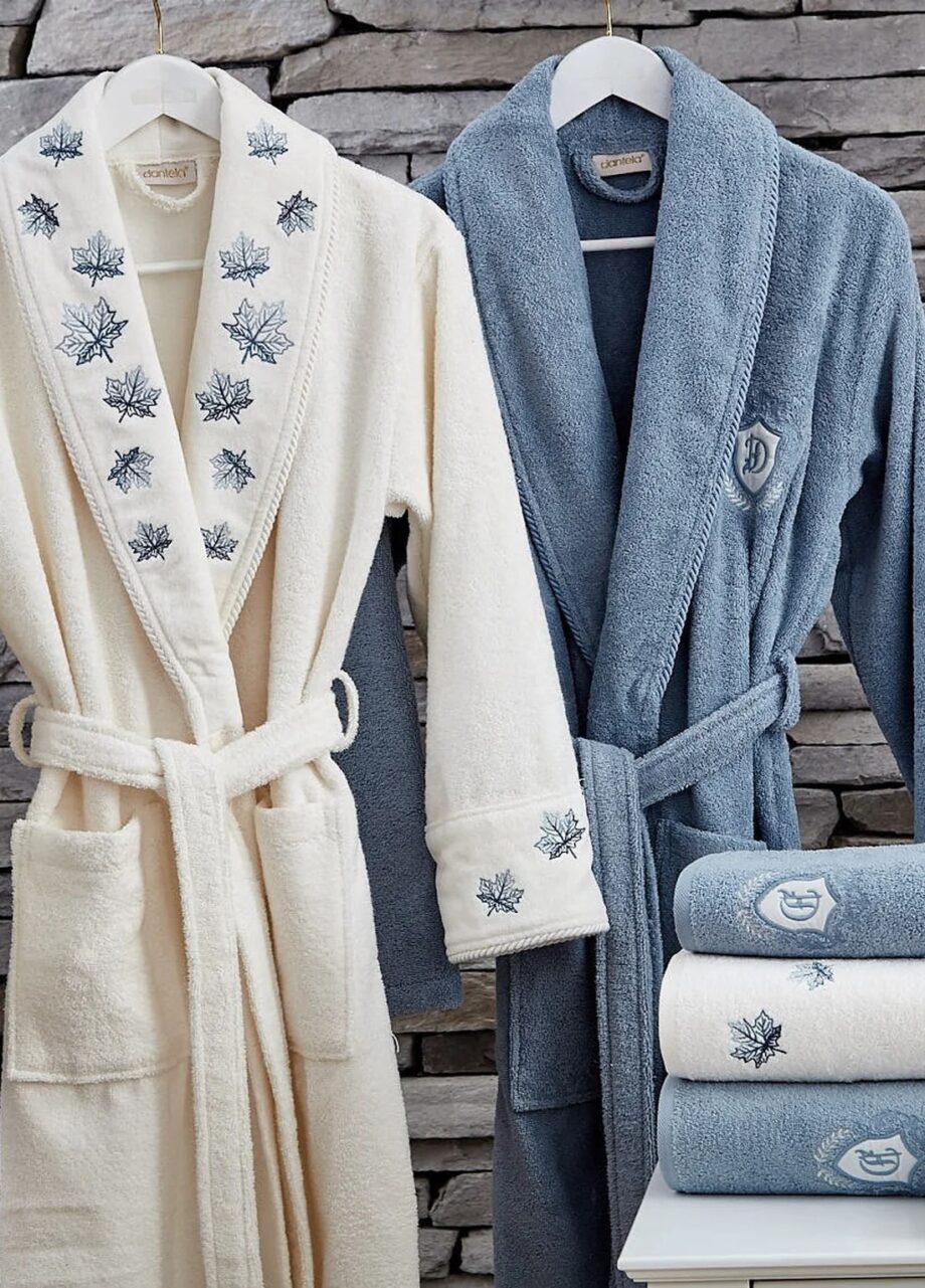 6 Piece Cotton Family Robe Set - Leaf Cream/Blue