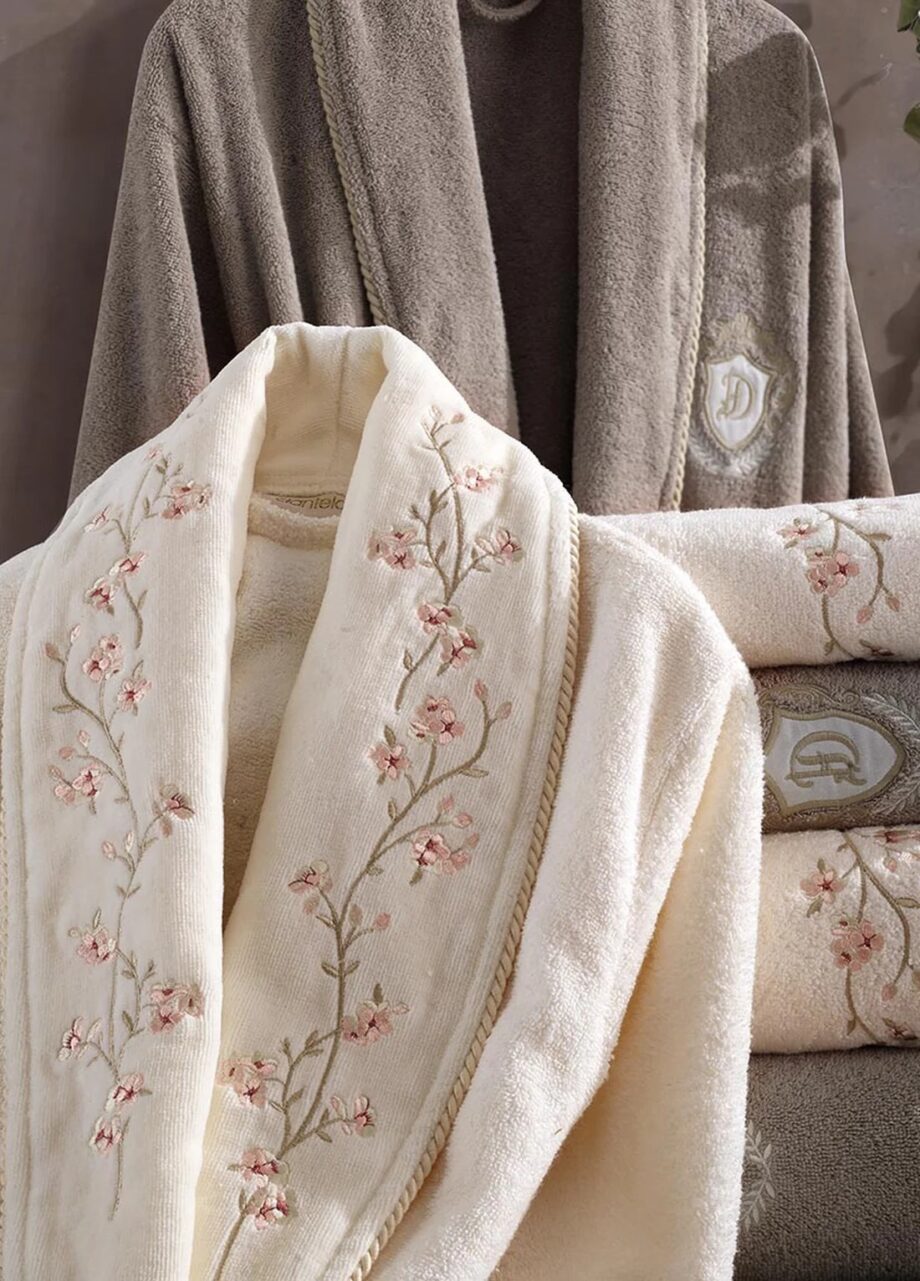 6 Piece Velvet Cotton Bathrobe Set Sarmaşık - Cream/Beige