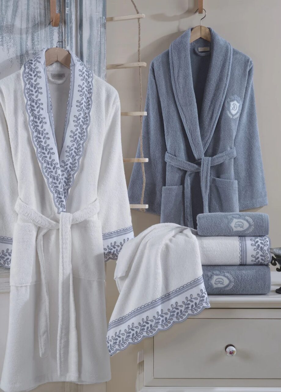 6-Piece Embroidered Cotton Bathrobe Set - Cream/Blue