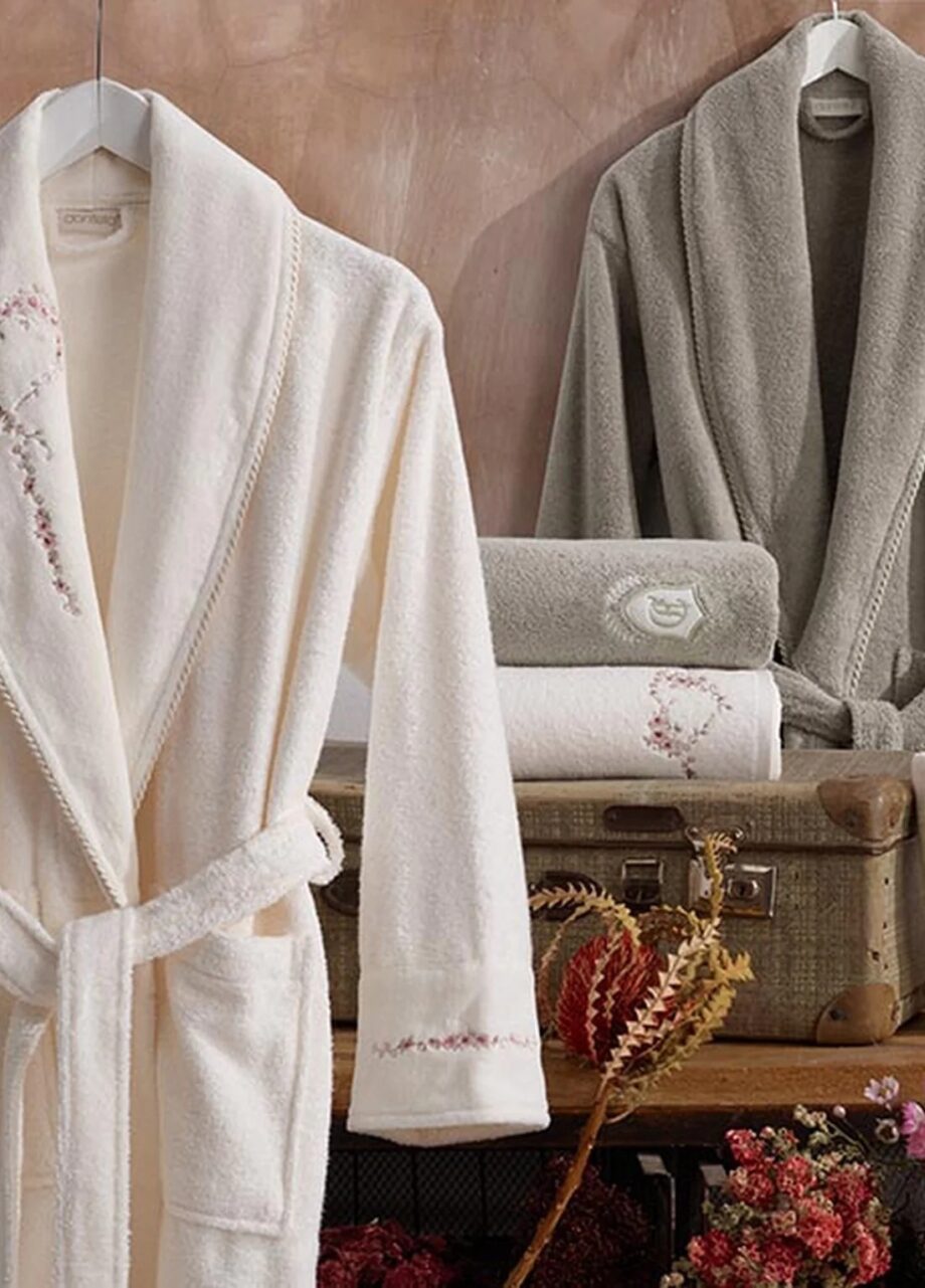 6 Piece Velvet Cotton Bathrobe Set - Cream/Beige