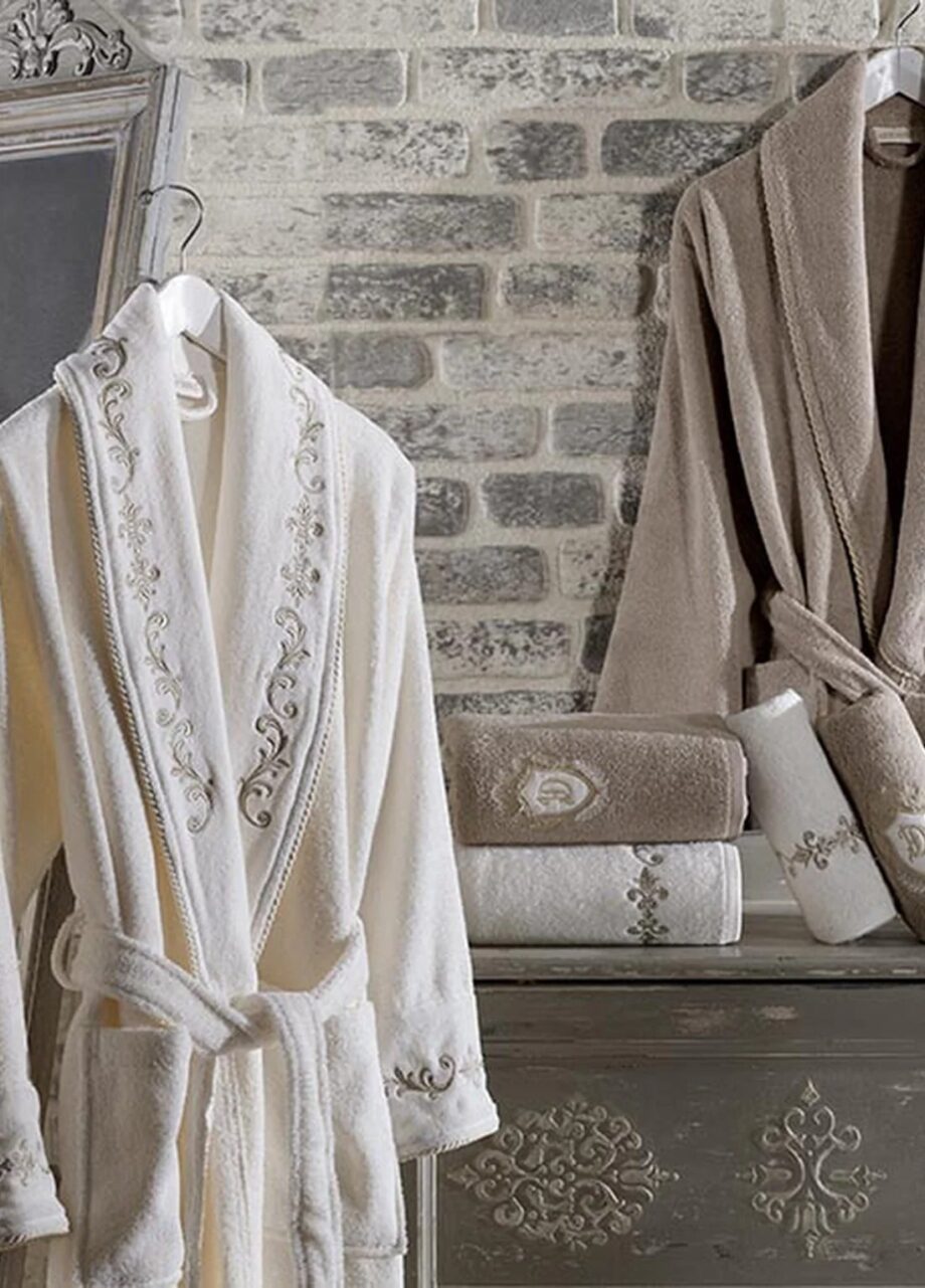 6 Piece Velvet Cotton Bathrobe Set - Cream/Beige