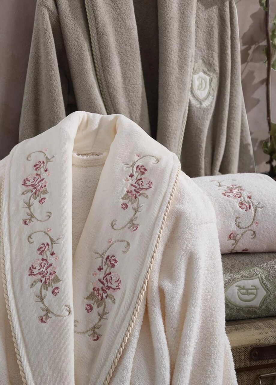6 Piece Velvet Cotton Bathrobe Set - Cream/Beige