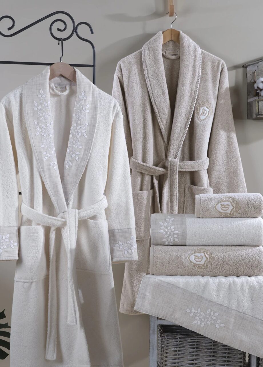 6-Piece Embroidered Cotton Cream-Beige Bathrobe Set - Sude