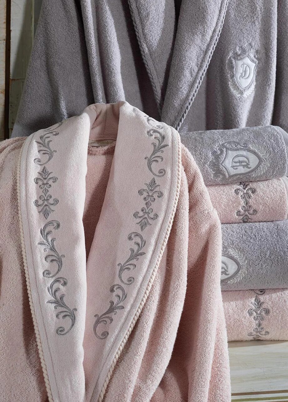 6 Piece Velvet Cotton Bathrobe Set - Powder/Grey