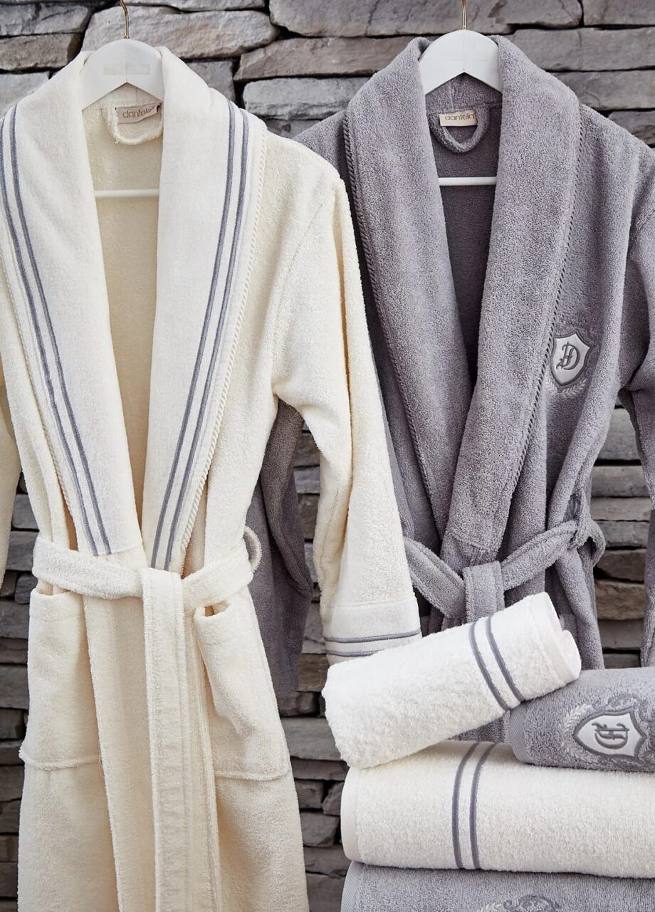 6 Piece Embroidered Cotton Bathrobe Set - Cream/Grey