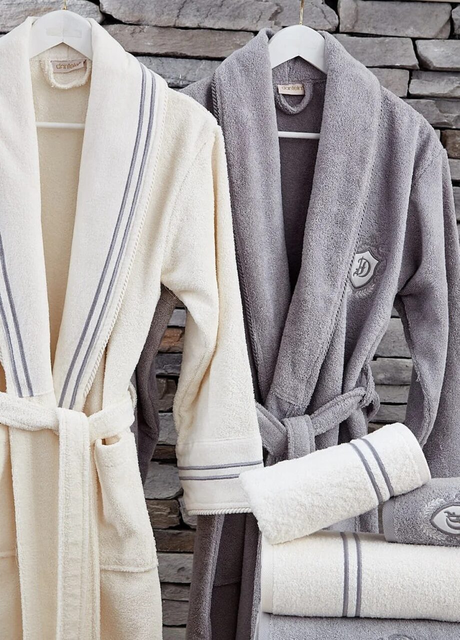 6 Piece Embroidered Cotton Bathrobe Set - Cream/Grey