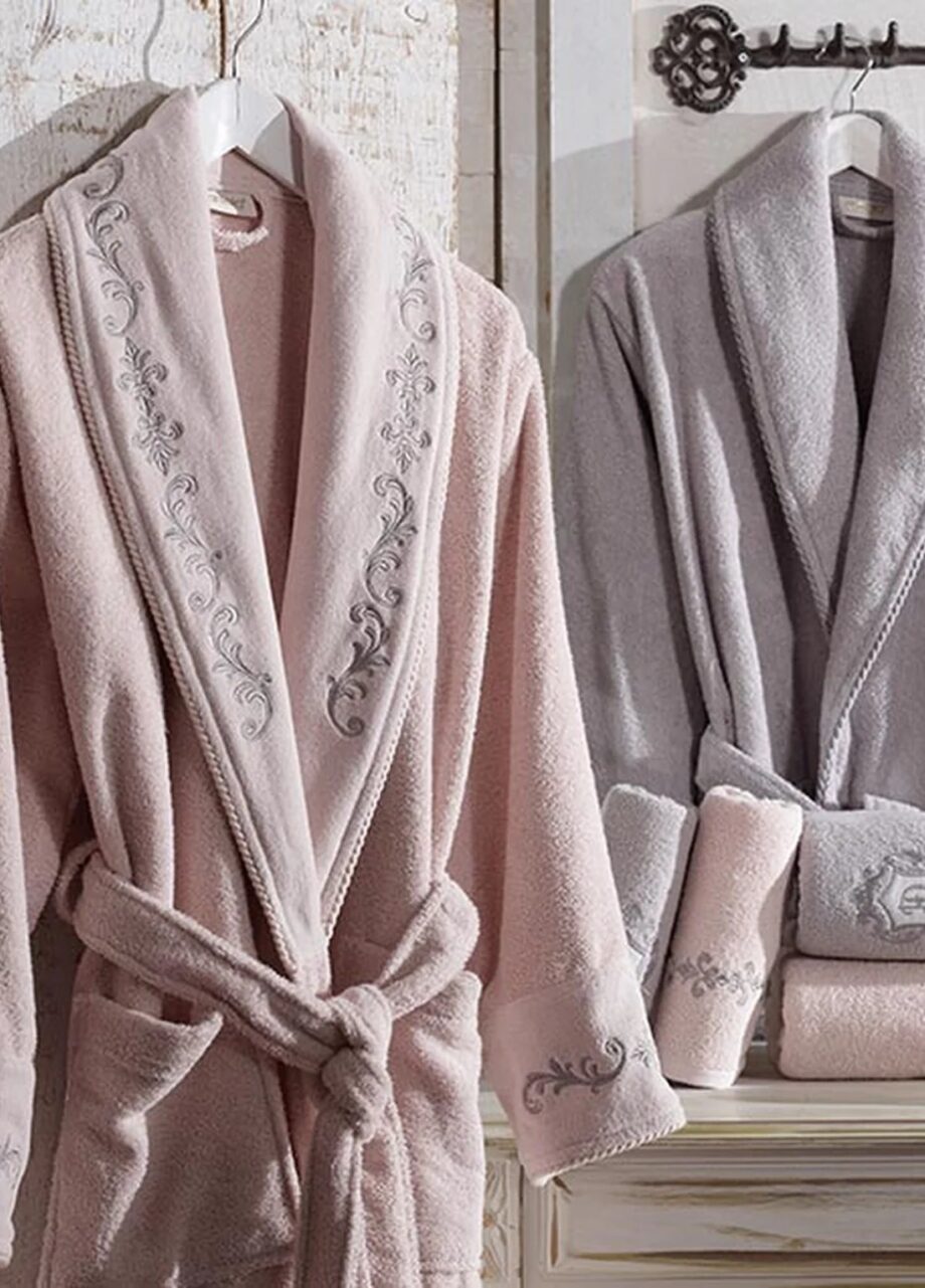 6 Piece Velvet Cotton Bathrobe Set - Powder/Grey