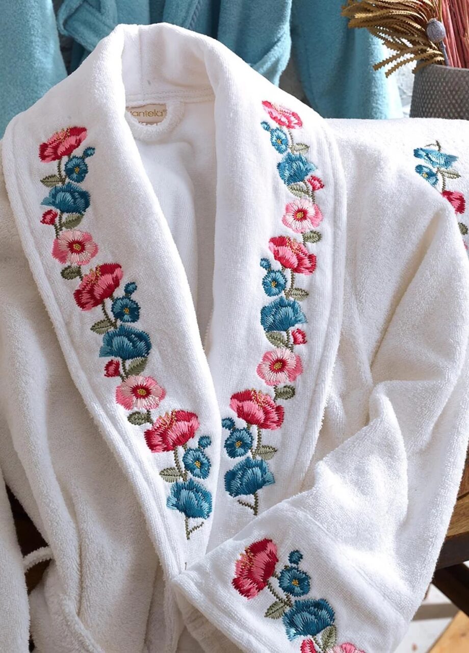 6 Piece Velvet Cotton Bathrobe Set - White/Blue