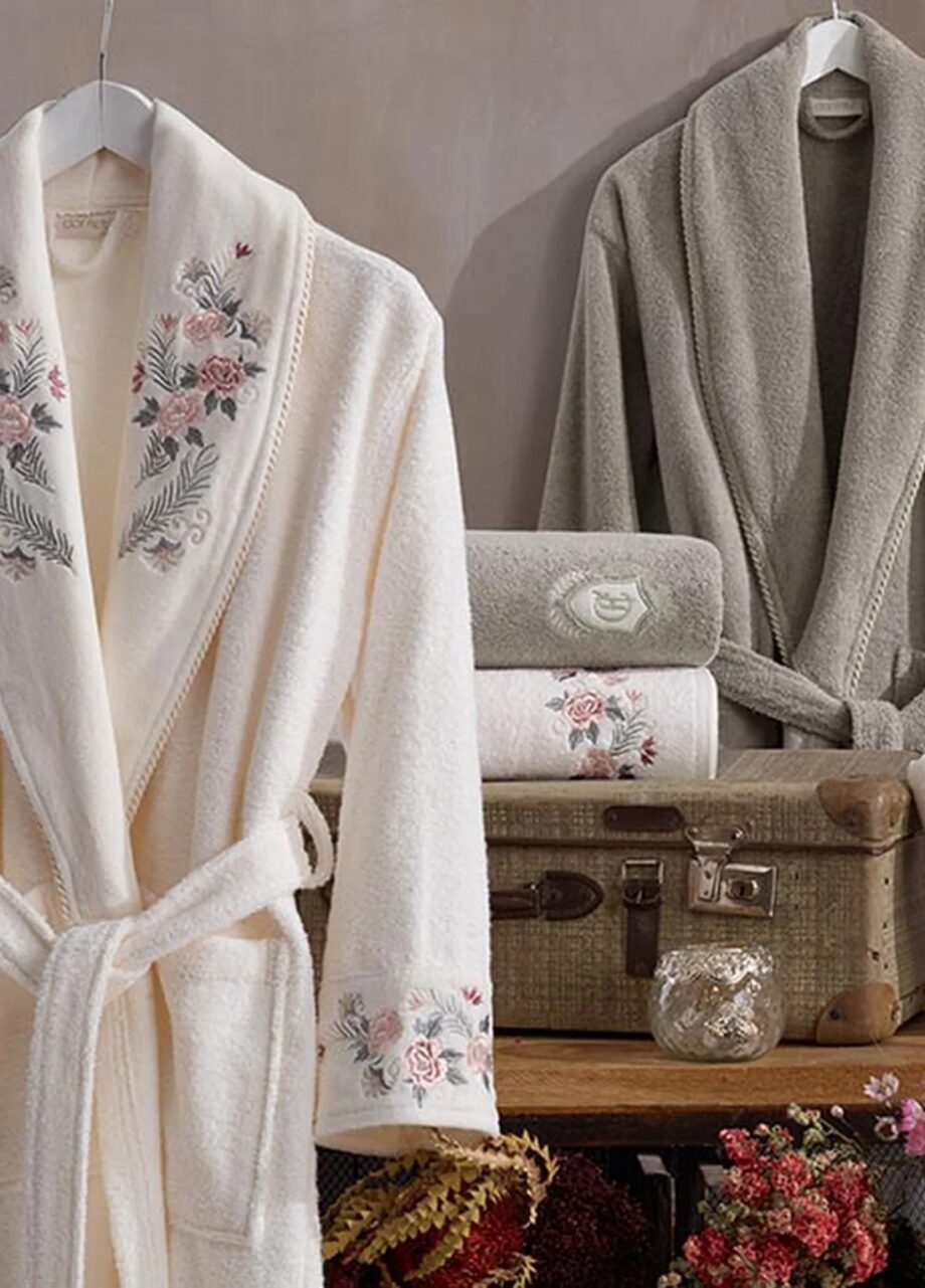 6 Piece Velvet Cotton Bathrobe Set - Cream/Beige