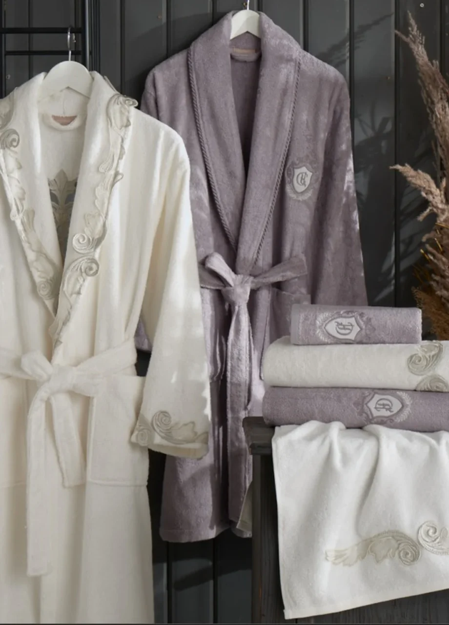 6 Piece Bamboo Family Bathrobe Set - Cream/Grey