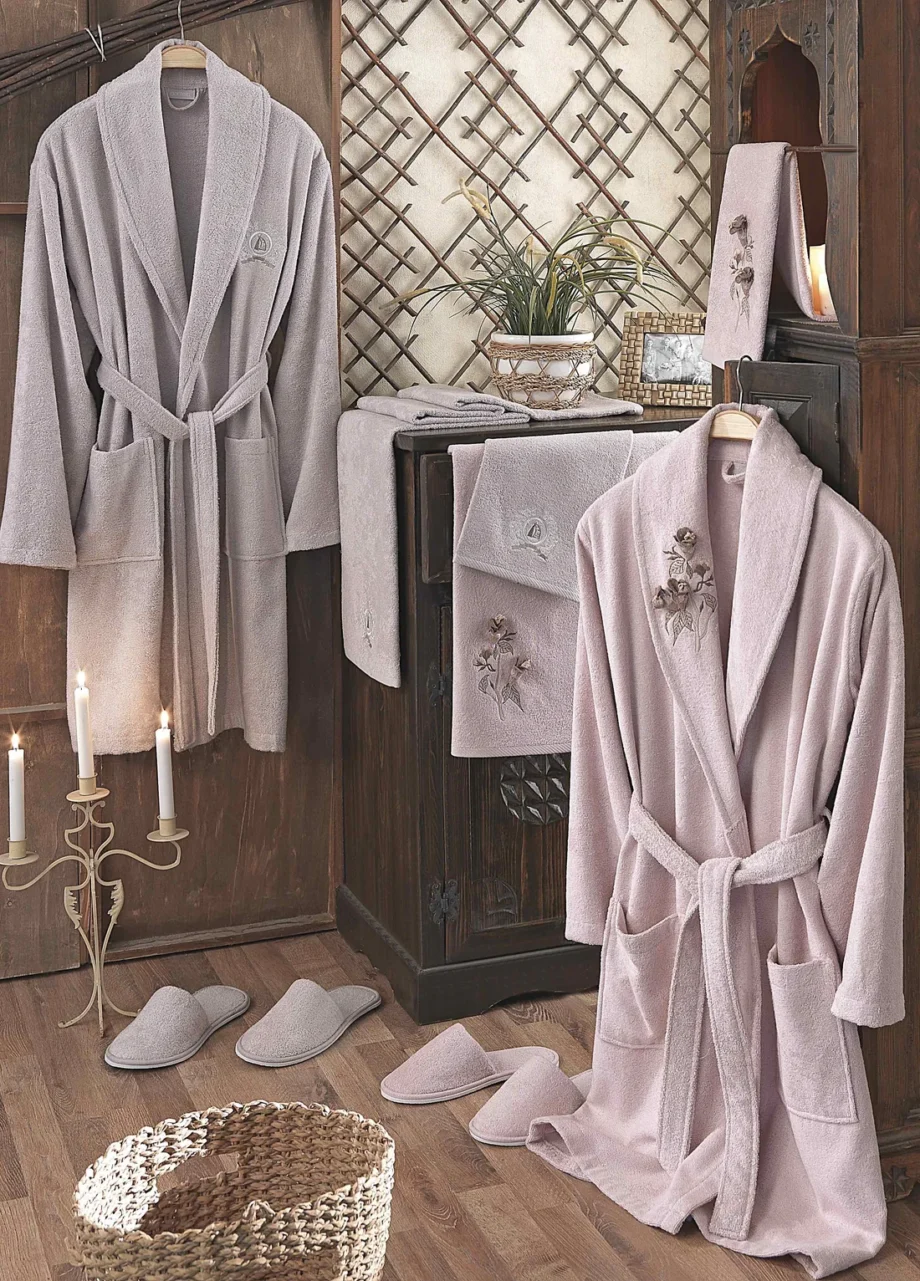 3d 6 Piece Embroidered Bamboo Bathrobe Set - Powder/Stone