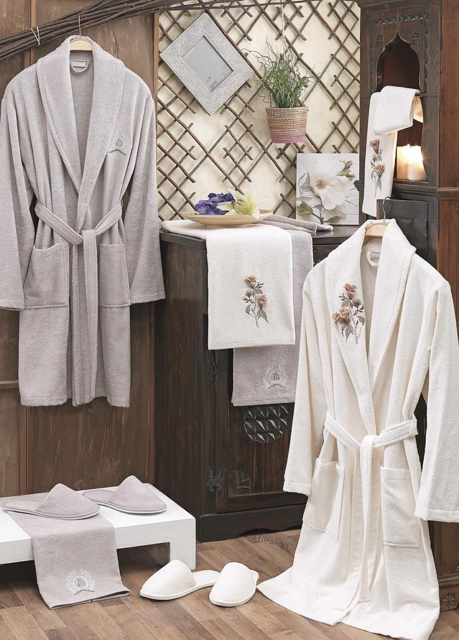 3d 6 Piece Embroidered Bamboo Bathrobe Set - Cream/Stone