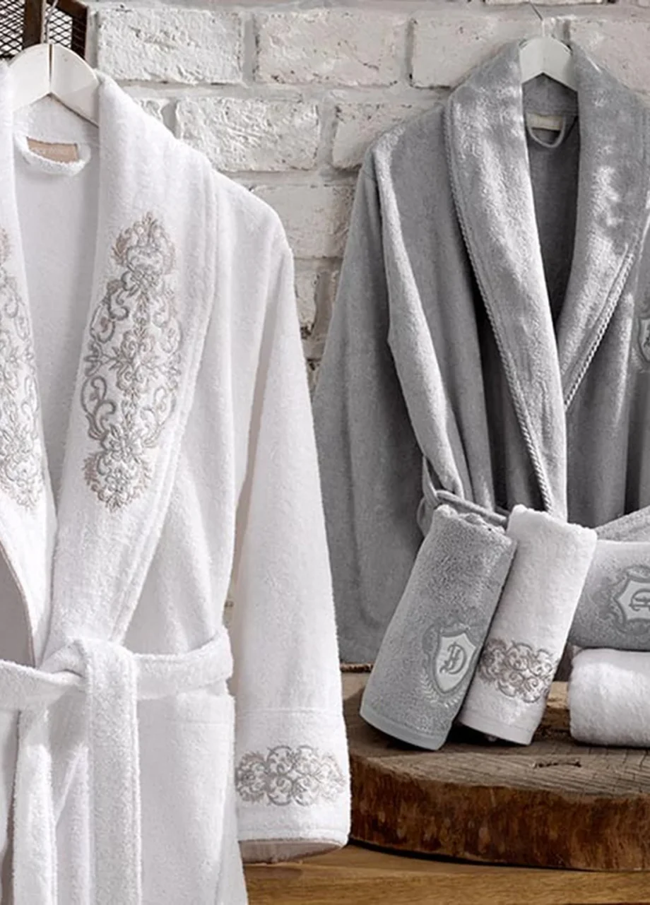 6-Piece Embroidered Bamboo Bathrobe Set - White/Grey