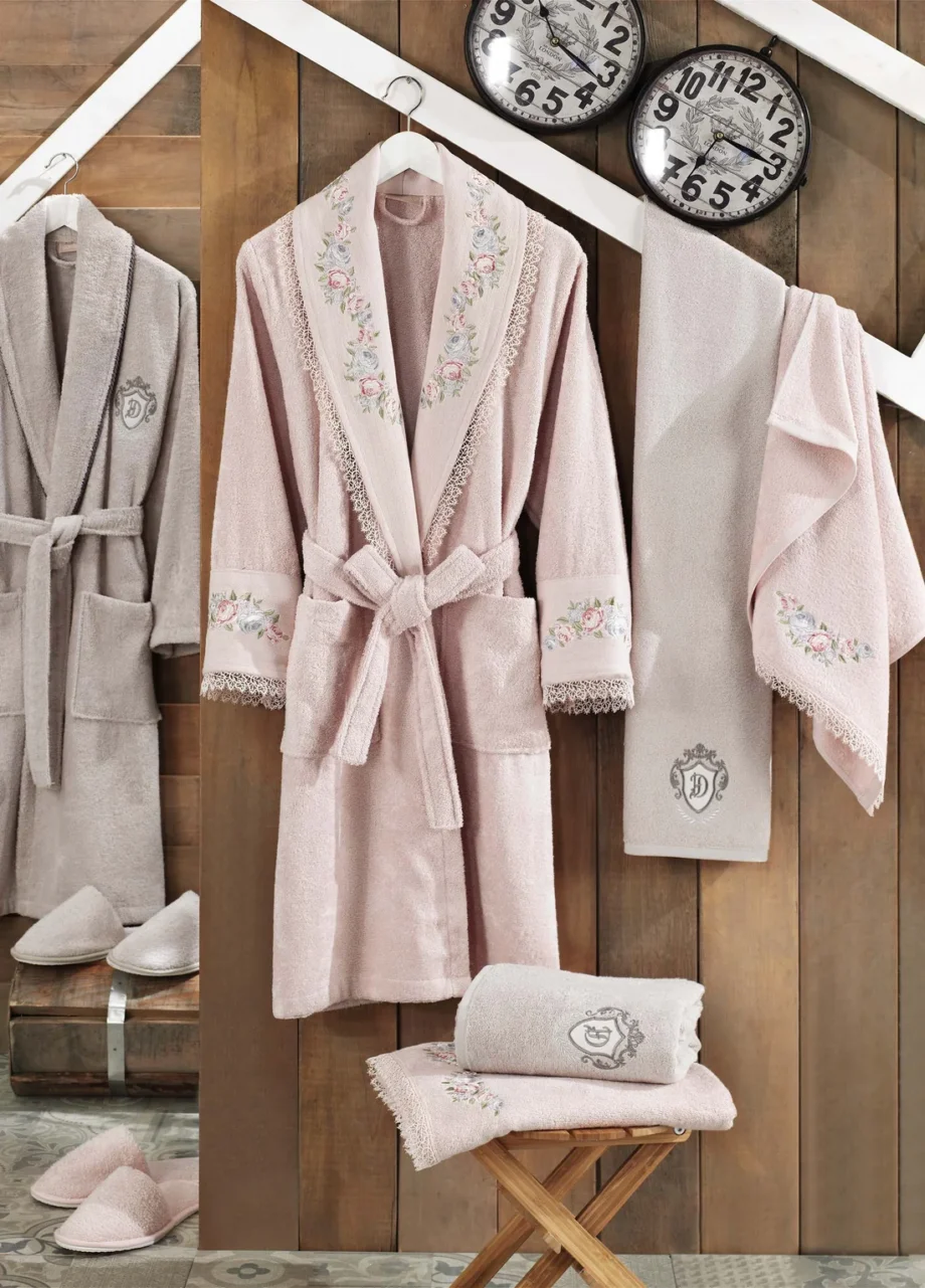 8 Piece Bamboo Bathrobe Set - Powder/Stone