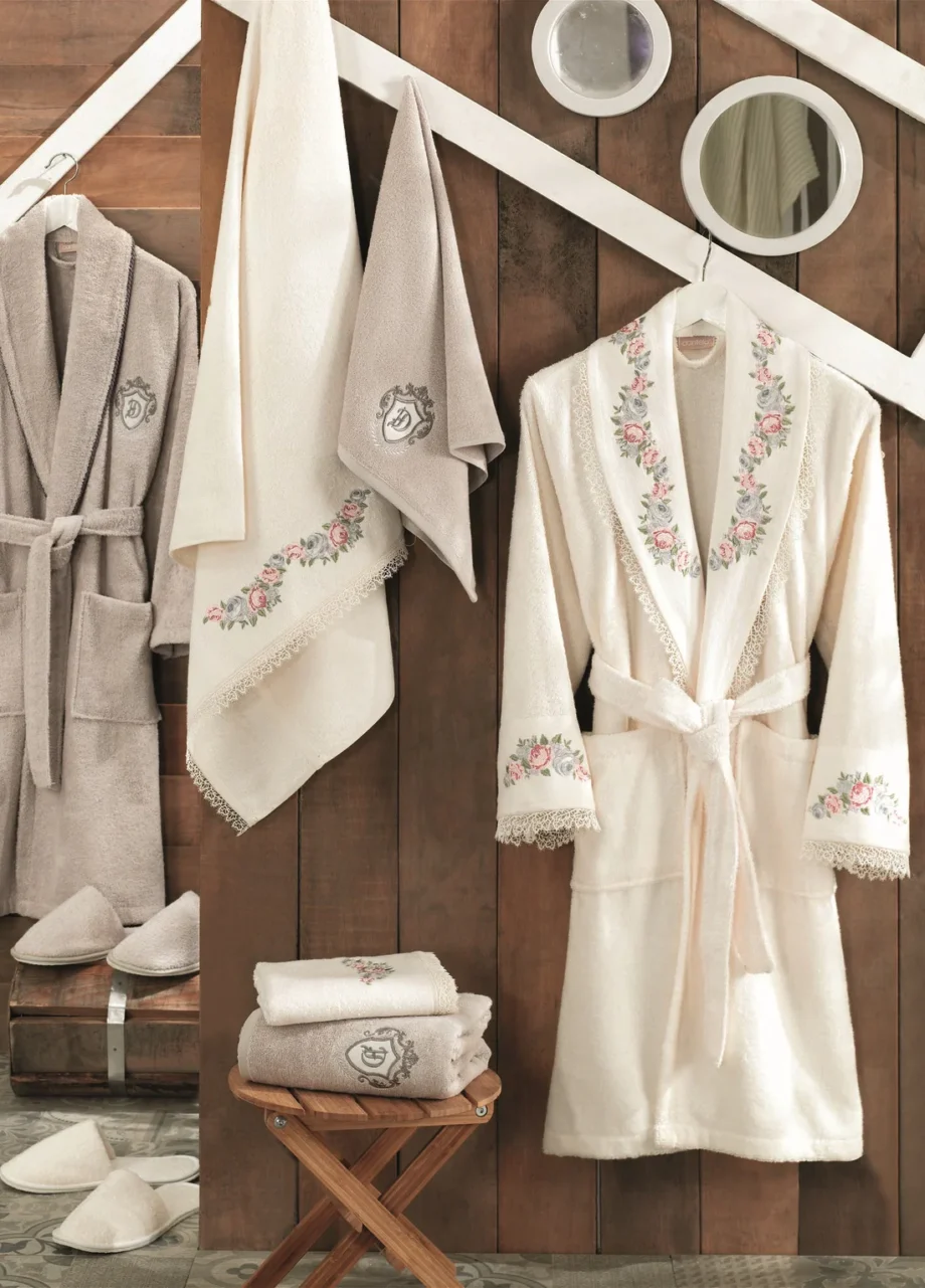 8 Piece Bamboo Bathrobe Set - Cream/Stone