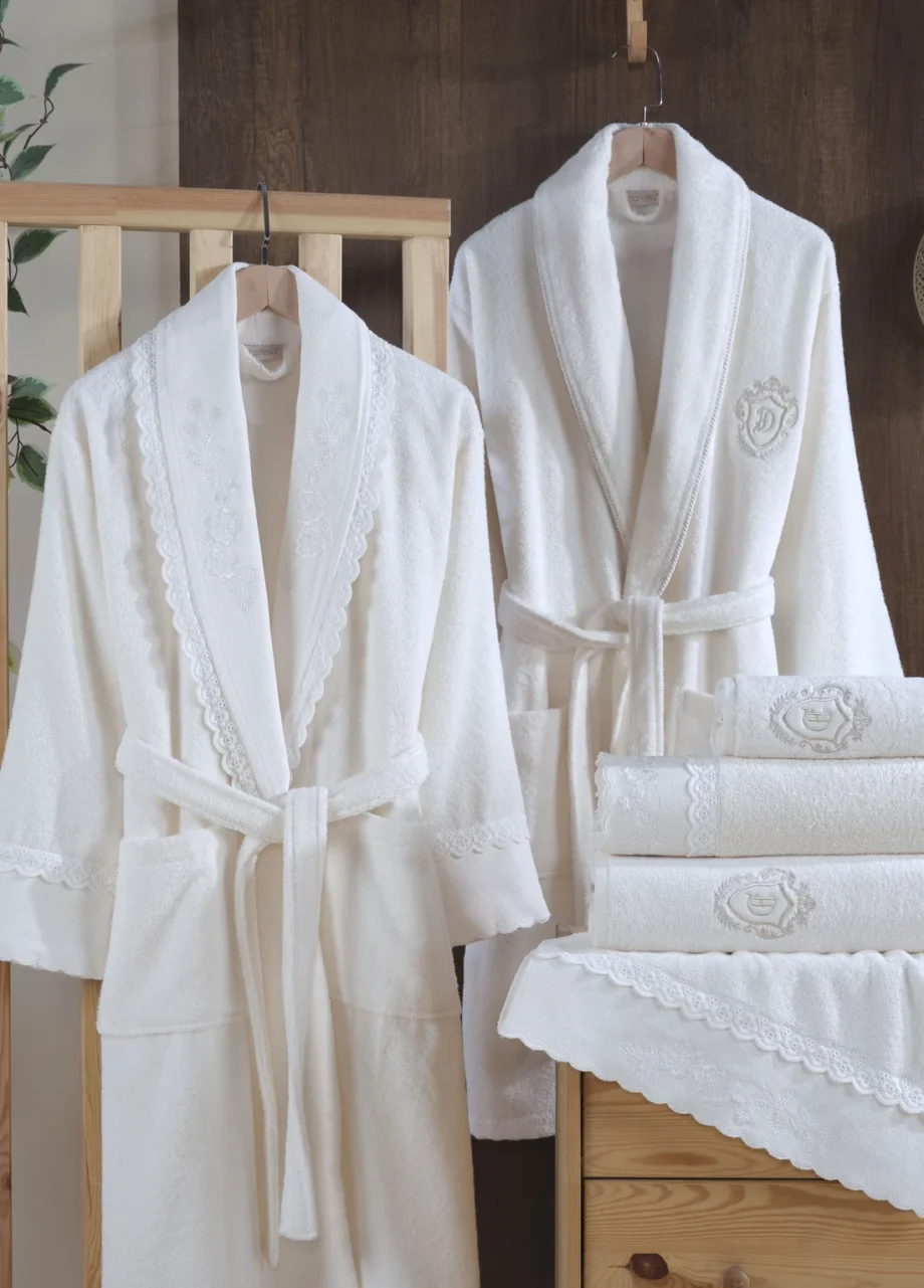 6-Piece Embroidered Cotton Bathrobe Set - Cream/Cream