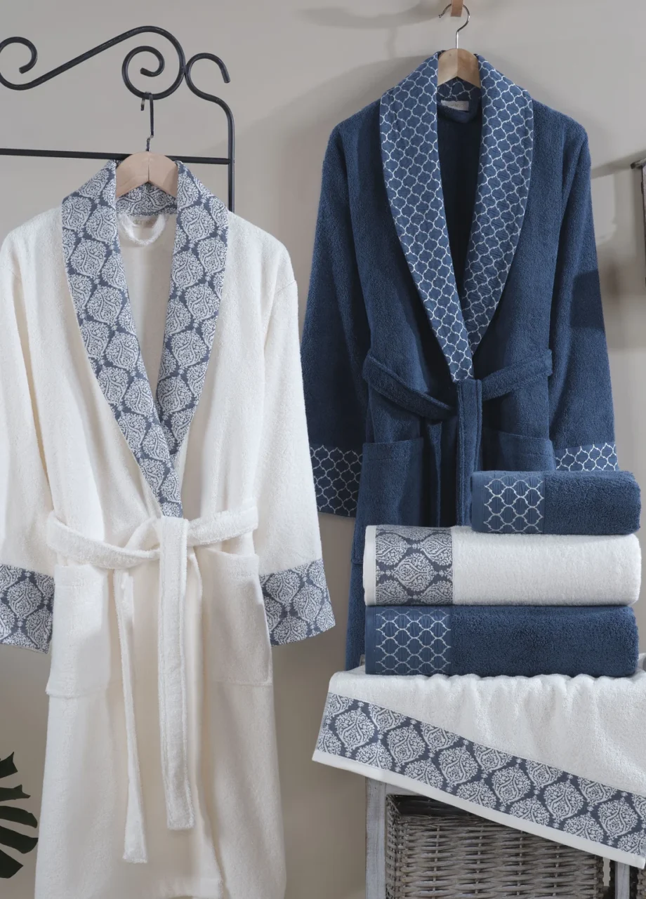 6-Piece Jacquard Cotton Bathrobe Set - Cream/Navy Blue