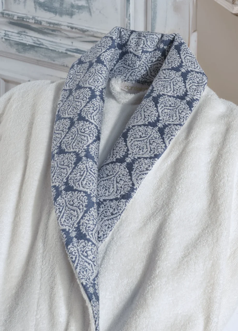 6-Piece Jacquard Cotton Bathrobe Set - Cream/Navy Blue