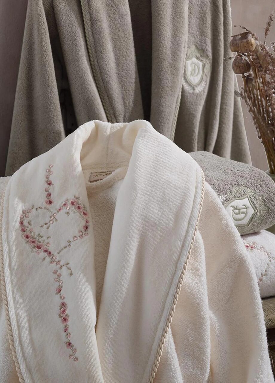 6 Piece Velvet Cotton Bathrobe Set - Cream/Beige