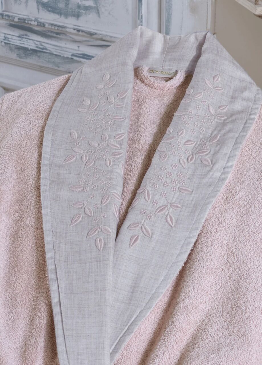 6-Piece Embroidered Cotton Bathrobe Set - Powder/Beige