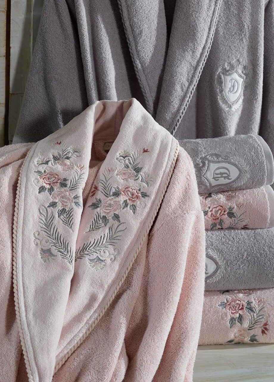 6 Piece Velvet Cotton Bathrobe Set - Powder/Grey