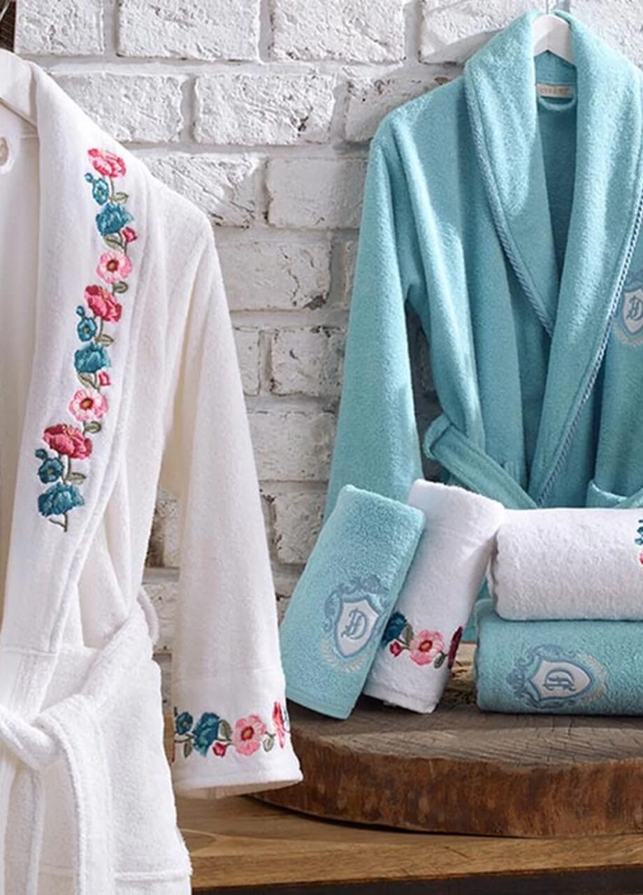 6 Piece Velvet Cotton Bathrobe Set - White/Blue