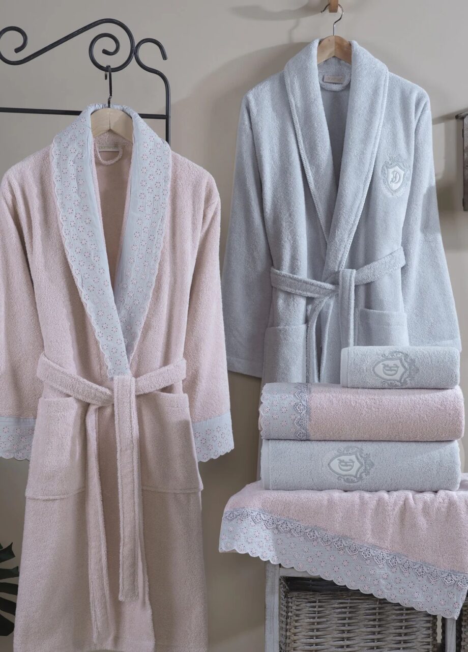 6-Piece Embroidered Cotton Bathrobe Set - Pink/Blue