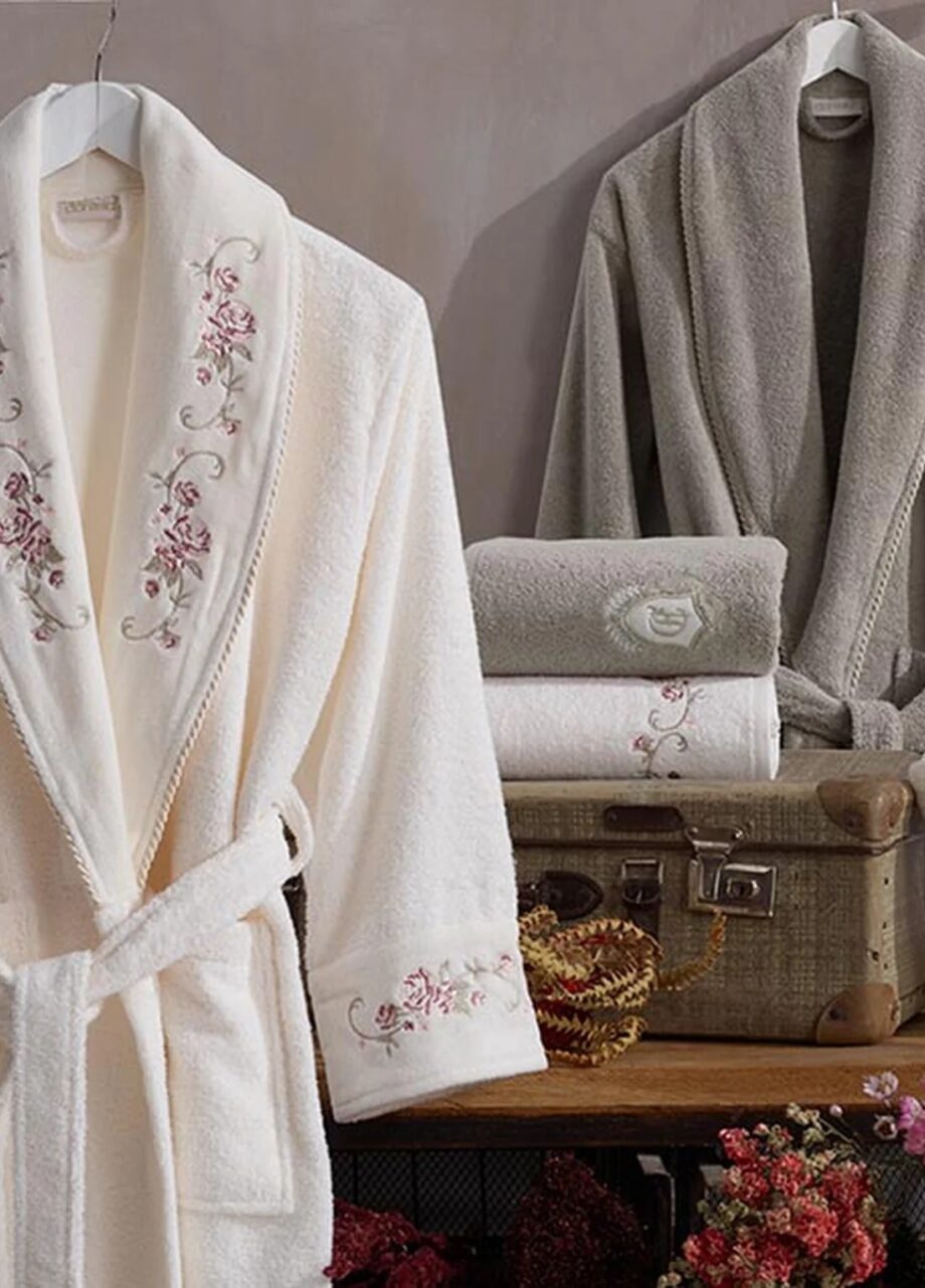 6 Piece Velvet Cotton Bathrobe Set - Cream/Beige