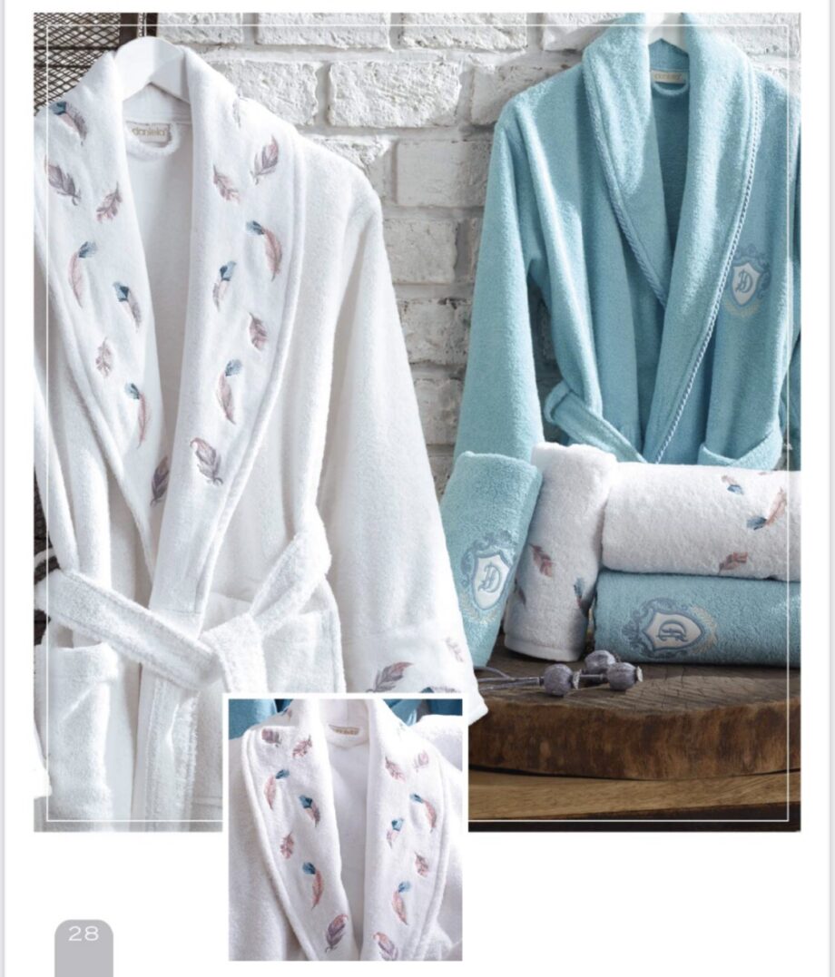 6 Piece Velvet Cotton Bathrobe Set - White/Blue